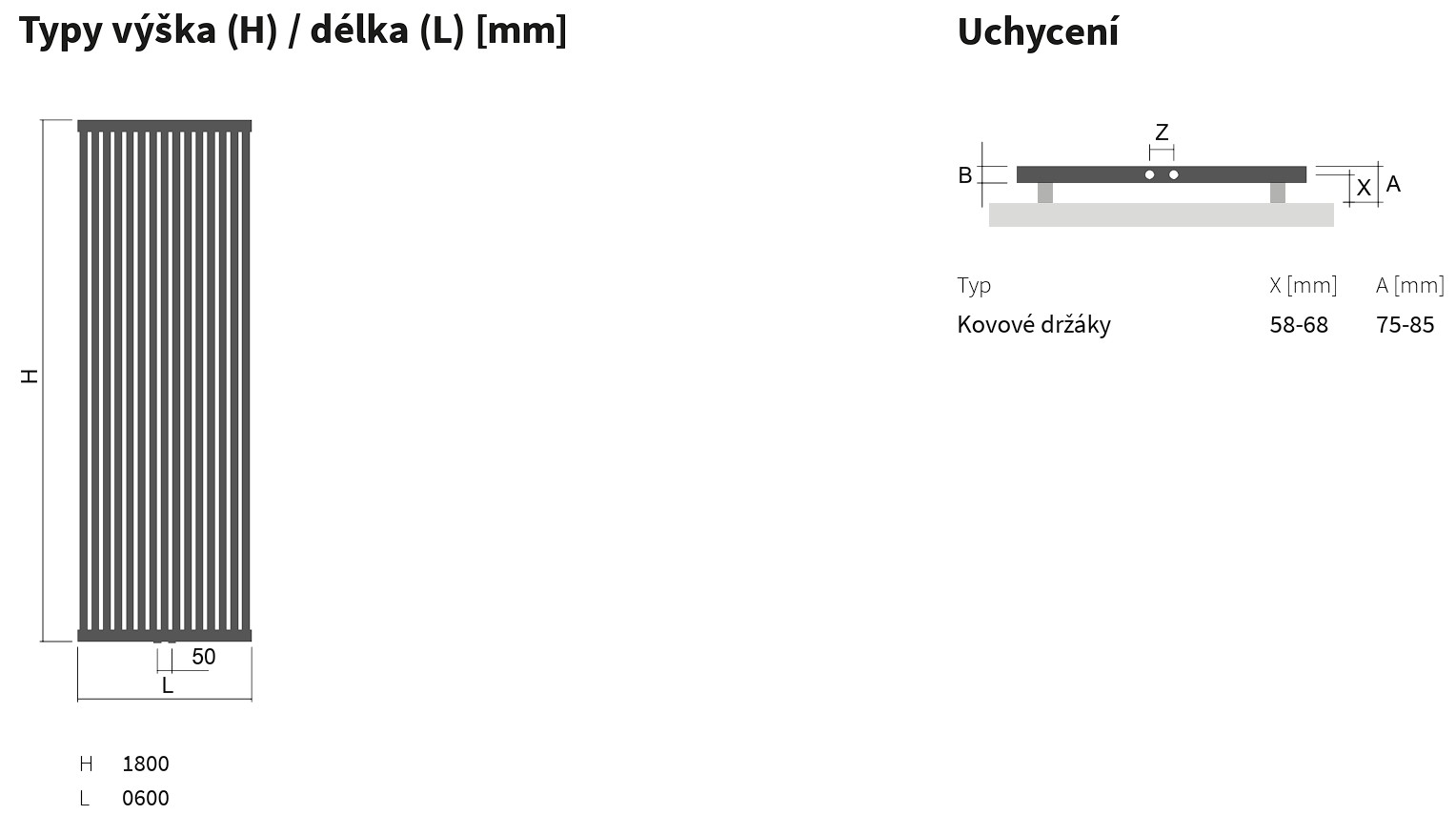 Koupelnový radiátor Kandavu ISAN Melody technický výkres